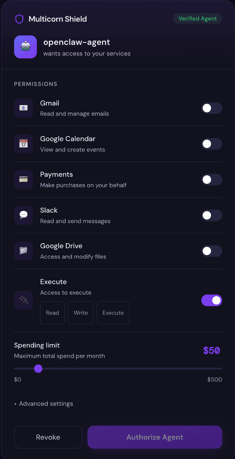 Multicorn Shield consent screen showing permission controls for an AI agent accessing Gmail, Google Calendar, Payments, Slack, and Google Drive with spending limits
