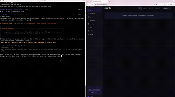 Multicorn Shield demo: agent blocked, user approves in dashboard, agent proceeds