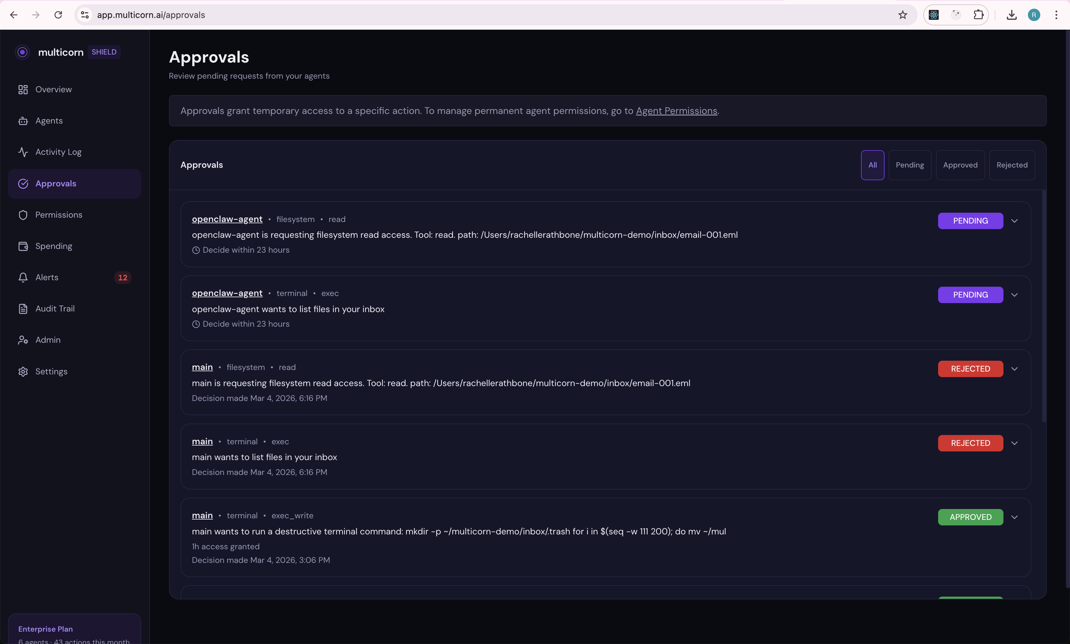 Filterable activity log showing every agent action with status