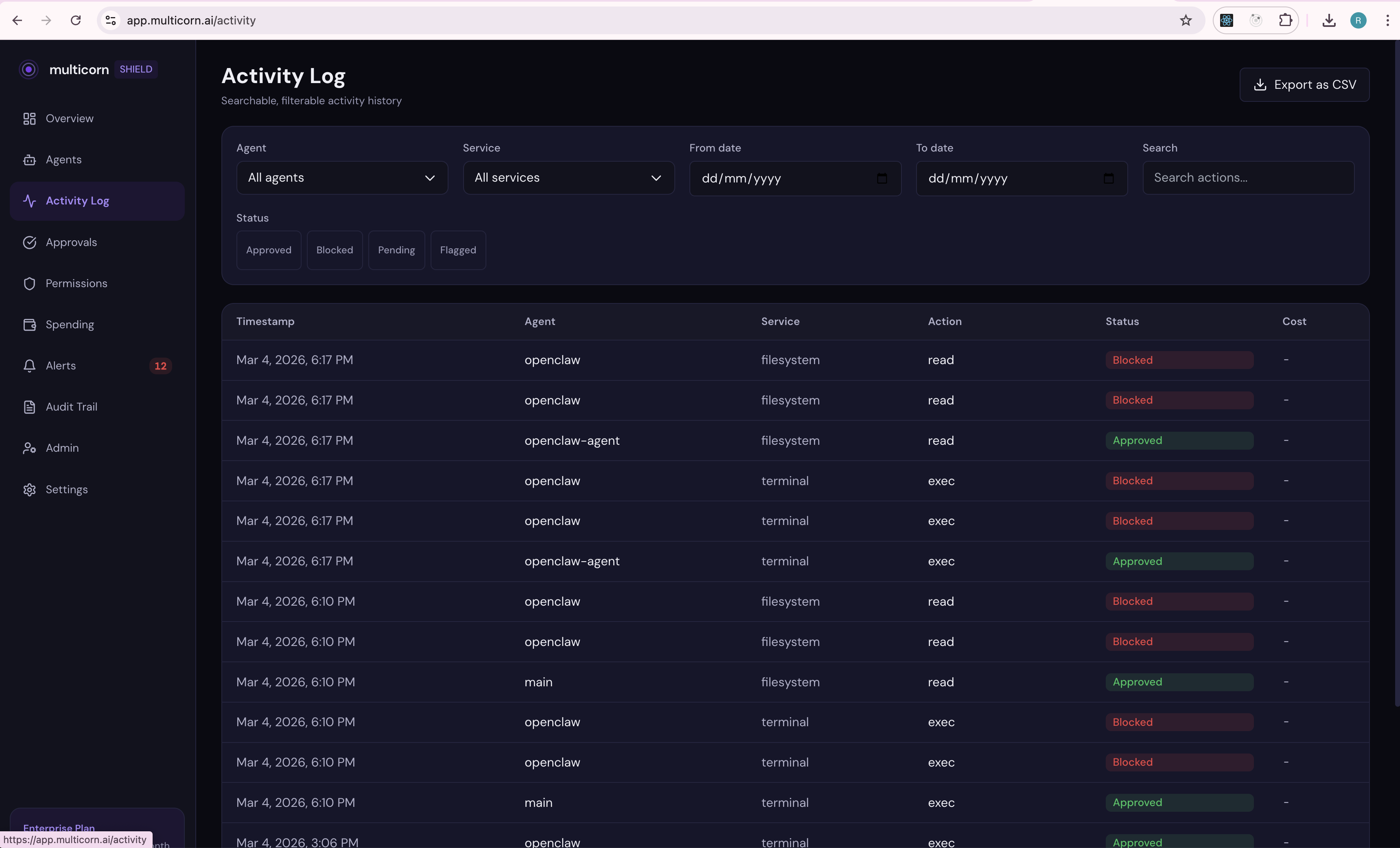 Agent detail page with action stats and budget tracking