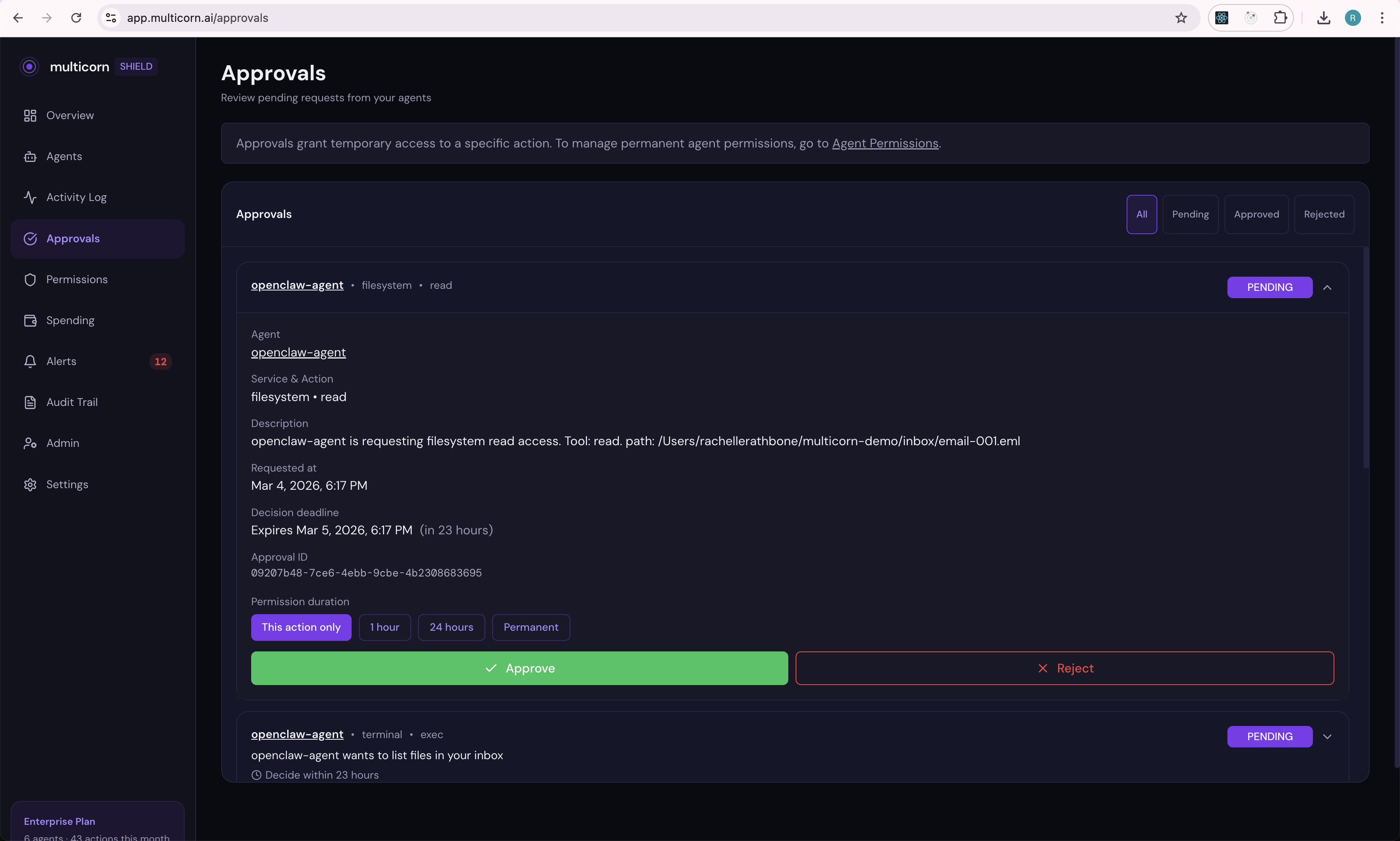 Approval card with one-tap approve/reject and permission duration options