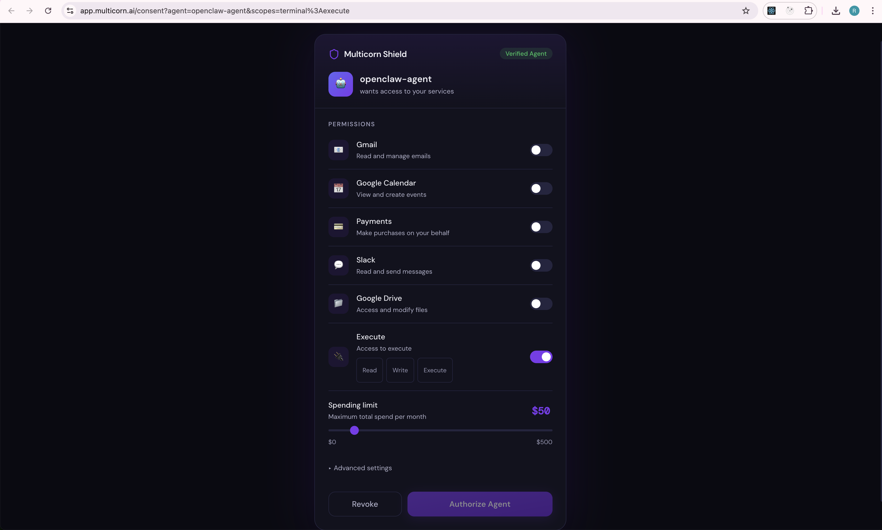 Consent screen where users grant agent permissions